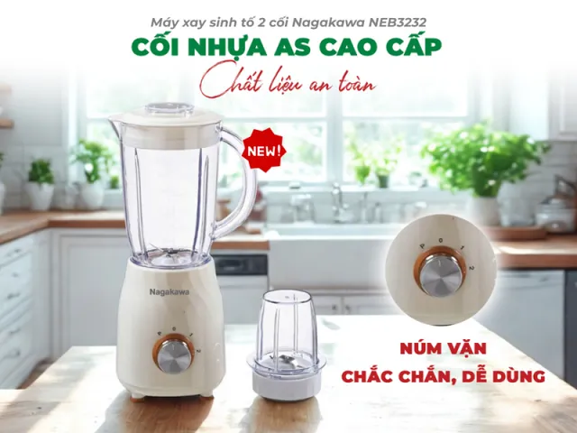Máy xay sinh tố Nagakawa NEB3232 - Công suất 330W, 2 cối, lưỡi dao inox 304 cho sinh tố, cháo, gia vị - Thiết kế nhỏ gọn, tiện dụng