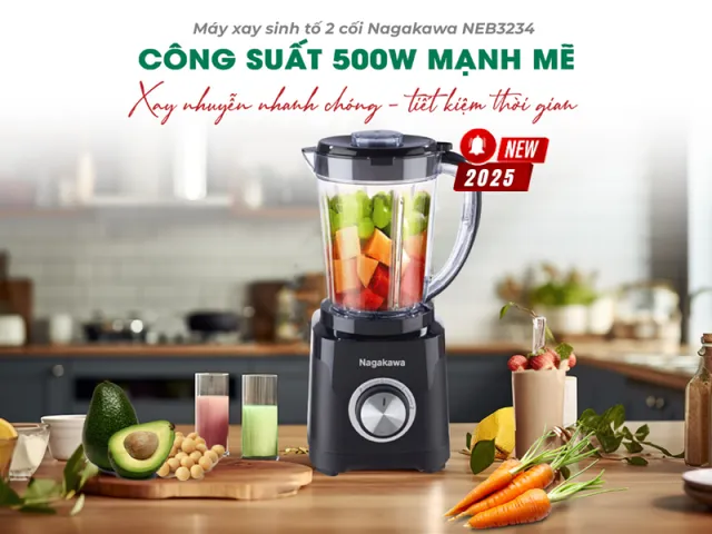Máy Xay Sinh Tố Nagakawa NEB3234 500W - Cối Lớn 1.5L & Cối Nhỏ Xay Hạt, Lưỡi Dao Inox 304 Sắc Bén, Hoàn Hảo Cho Đồ Uống Và Gia Vị Khô