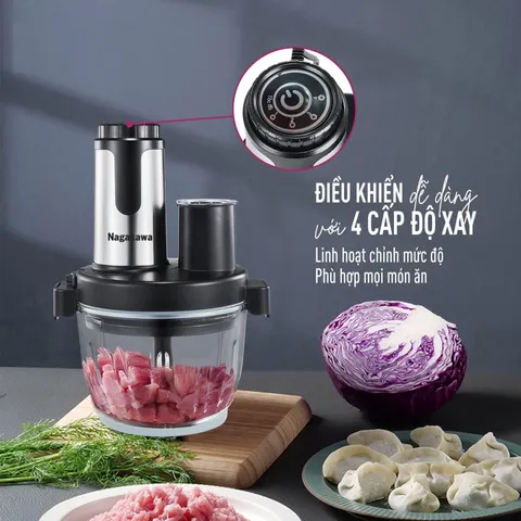 Máy Xay Thịt Đa Năng Nagakawa NAG0822 350W - 6 Chức Năng Xay, Thái, Băm, Đánh Trứng, Bóc Tỏi, Cối Thủy Tinh 2L