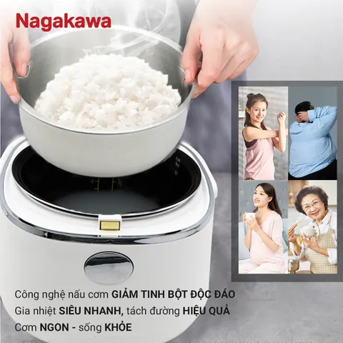 Nồi cơm điện cảm ứng Nagakawa NAG0136 1.2L - 10 chương trình nấu tiện lợi, chế độ giảm tinh bột cho bữa ăn lành mạnh