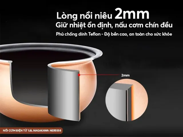 Nồi cơm điện đa năng Nagakawa NER5558 1.8L - Công suất 900W, 10 chế độ nấu, chống dính Teflon, tiện lợi cho gia đình 4-6 người