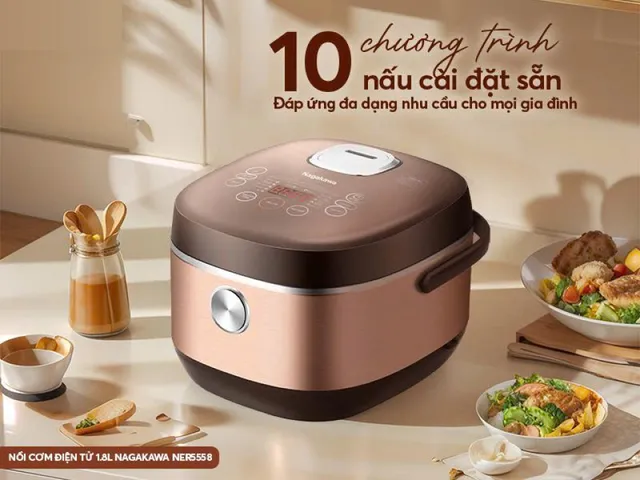 Nồi cơm điện đa năng Nagakawa NER5558 1.8L - Công suất 900W, 10 chế độ nấu, chống dính Teflon, tiện lợi cho gia đình 4-6 người