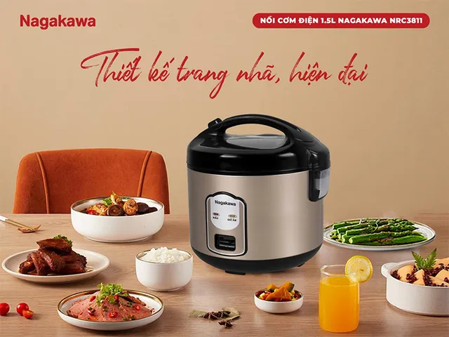 Nồi Cơm Điện Nagakawa NRC3811 1.5L - Thiết Kế Gọn Nhẹ, Nấu Cơm Ngon Cho Gia Đình 3-5 Người, Chức Năng Giữ Ấm, Dễ Dàng Sử Dụng