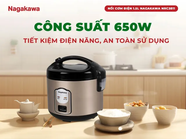 Nồi Cơm Điện Nagakawa NRC3811 1.5L - Thiết Kế Gọn Nhẹ, Nấu Cơm Ngon Cho Gia Đình 3-5 Người, Chức Năng Giữ Ấm, Dễ Dàng Sử Dụng