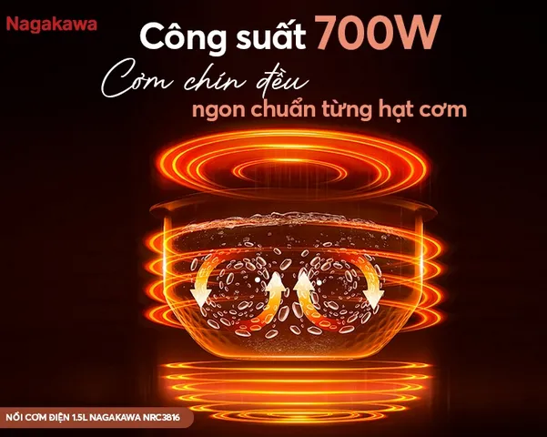 Nồi Cơm Điện Nagakawa NRC3816 1.5L - Công Suất 700W, Công Nghệ Ủ Ấm 3D, Phù Hợp Gia Đình 3-5 Người, Giữ Ẩm Lâu Hơn