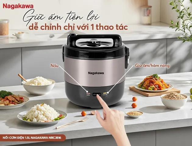 Nồi Cơm Điện Nagakawa NRC3816 1.5L - Công Suất 700W, Công Nghệ Ủ Ấm 3D, Phù Hợp Gia Đình 3-5 Người, Giữ Ẩm Lâu Hơn