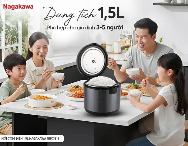 Nồi Cơm Điện Nagakawa NRC3818 1.5L - Công Suất 700W, Chống Dính Dày, Phù Hợp Gia Đình 3-5 Người, Nấu Cơm Chín Đều, Giữ Ấm 3D
