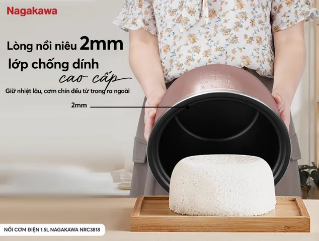 Nồi Cơm Điện Nagakawa NRC3818 1.5L - Công Suất 700W, Chống Dính Dày, Phù Hợp Gia Đình 3-5 Người, Nấu Cơm Chín Đều, Giữ Ấm 3D