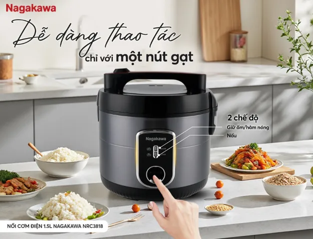 Nồi Cơm Điện Nagakawa NRC3818 1.5L - Công Suất 700W, Chống Dính Dày, Phù Hợp Gia Đình 3-5 Người, Nấu Cơm Chín Đều, Giữ Ấm 3D