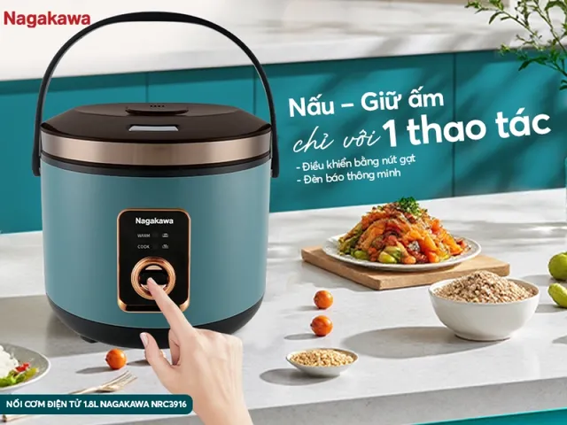 Nồi Cơm Điện Nagakawa NRC3916 1.8L - Công Suất 700W, Công Nghệ Ủ Ấm 3D, Thiết Kế Hiện Đại Cho Gia Đình 4-6 Thành Viên