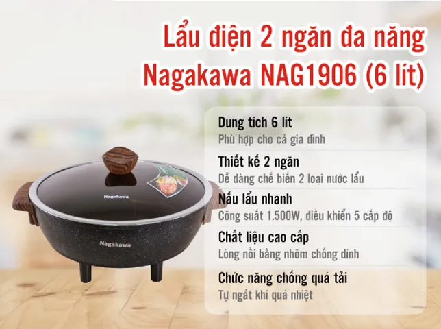 Nồi Lẩu Điện 2 Ngăn Nagakawa NAG1906 1500W - Đa Chức Năng Nấu Lẩu, Xào, Luộc Tiết Kiệm Thời Gian và Điện Năng