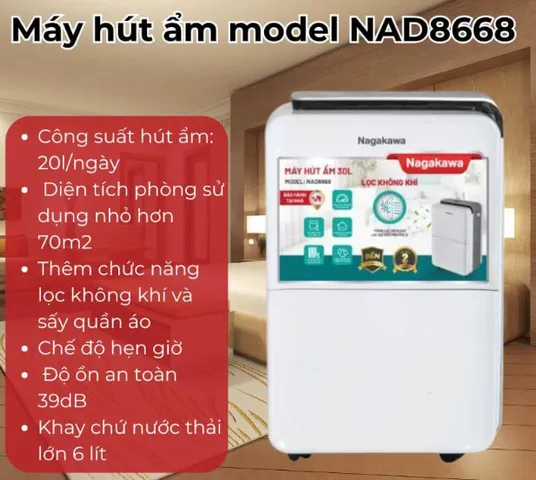 Máy Hút Ẩm Lọc Không Khí Nagakawa NAD8668 30L - Công Suất 30L/ngày, Phù Hợp Diện Tích 50-70m², Tính Năng Sấy Quần Áo Hiện Đại