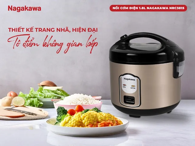Nồi Cơm Điện Nagakawa NRC3815 1.8L - Nắp Gài, Chống Dính, Dành Cho 4-6 Người, Đèn Báo, Bộ Xửng Hấp Tiện Lợi