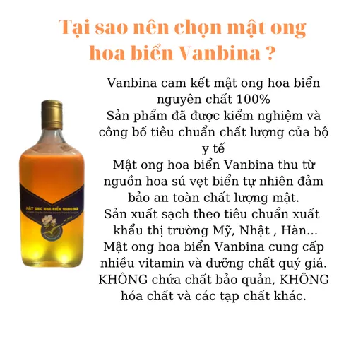Mật Ong Hoa Biển Vanbina Nguyên Chất 600ml - Thức Uống Kiêng Giàu Dinh Dưỡng, Hỗ Trợ Đốt Mỡ, Chất Lượng Xuất Khẩu Việt Nam