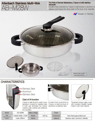 Chảo Inox Đa Năng Altenbach AB-M28W 28cm - 5 Lớp Cao Cấp, Nắp Kính, Sử Dụng Tất Cả Bếp Gas, Hồng Ngoại, Từ - Made In Korea