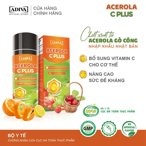 Viên Uống Bổ Sung Vitamin C Adiva Acerola C Plus 60 Viên - Tăng Cường Sức Đề Kháng, Chống Oxy Hóa, Tốt Cho Da từ Quả Acerola Nhật Bản