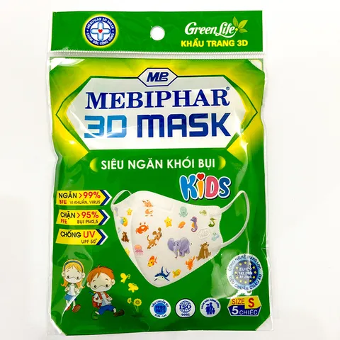 Khẩu Trang 3D MEBIPHAR Dành Cho Trẻ Em - Bộ 5 Chiếc Kháng Khuẩn, Ngăn Bụi & UV, Họa Tiết Mèo Đáng Yêu, An Toàn Cho Bé