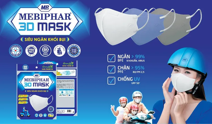 Khẩu trang 3D MASK MEBIPHAR Size M - Bộ 5 chiếc Bảo vệ sức khỏe, Thiết kế thời trang, Lọc bụi, Kháng khuẩn cho mọi lứa tuổi