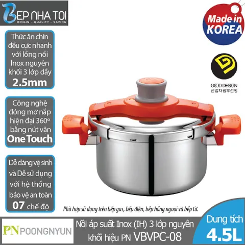 Nồi Áp Suất Inox 3 Lớp Poongnyun VBVPC-08 4.5L - Dùng Cho Bếp Gas, Bếp Từ, Công Nghệ One Touch, Sang Trọng Và Tiện Lợi