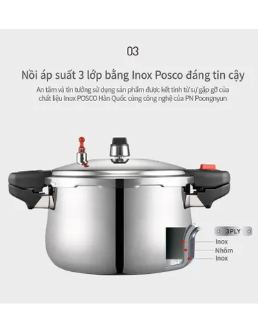 Nồi Áp Suất Inox 3 Lớp PoongNyun PHSPC-25 - Dung Tích 13L, Chất Liệu Cao Cấp, Giúp Nấu Ăn Nhanh Chóng, Tiết Kiệm Thời Gian và Nhiên Liệu