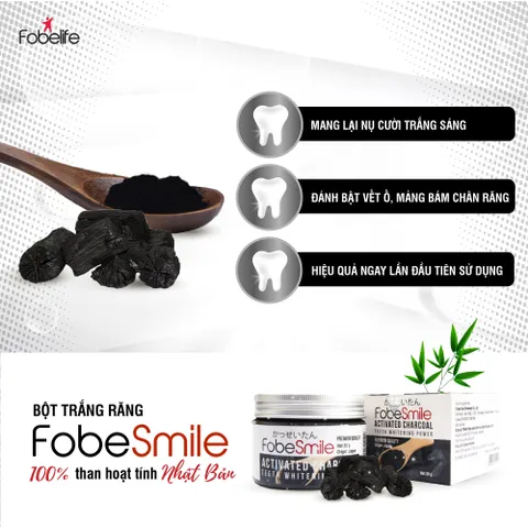 Bột Trắng Răng Than Hoạt Tính Fobe Smile - Giúp Làm Trắng Răng Tự Nhiên, Loại Bỏ Mảng Bám, Hũ 30g Nhật Bản