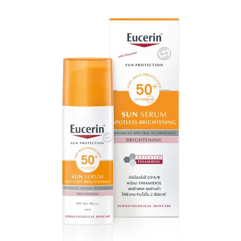 Kem Chống Nắng Eucerin Sun Serum Spotless Brightening SPF50 - Chống Nắng và Dưỡng Sáng Da 2 Trong 1, 50ml, Duy Trì Da Khỏe Mạnh, Ngừa Thâm Nám