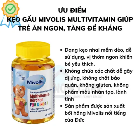 Kẹo Gấu Mivolis Multivitamin - Kẹo Dinh Dưỡng Giúp Trẻ Ăn Ngon, Tăng Cường Đề Kháng, Hương Vị Thơm Ngon, Mềm Dẻo, Sản Phẩm Đức