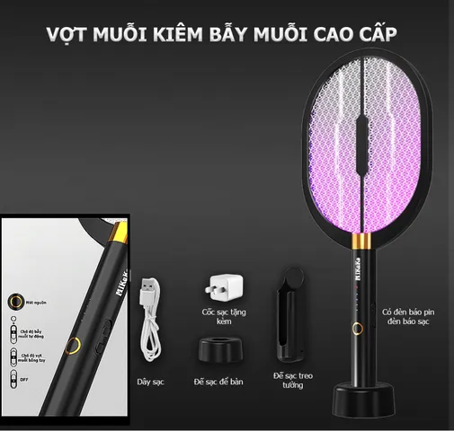 Vợt Bắt Muỗi MiKaKo V36D 3 In 1 - Thiết Bị Diệt Muỗi Thông Minh, Pin Sạc 1200mAh, Chống Giật, Đèn Bẫy Muỗi Tự Động