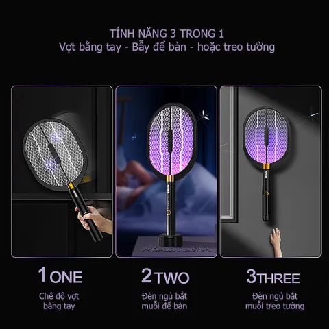 Vợt Bắt Muỗi MiKaKo V36D 3 In 1 - Thiết Bị Diệt Muỗi Thông Minh, Pin Sạc 1200mAh, Chống Giật, Đèn Bẫy Muỗi Tự Động