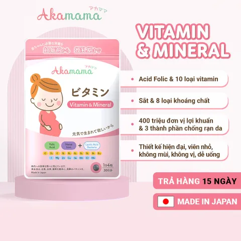 Vitamin Tổng Hợp Cho Bà Bầu Akamama Nhật Bản - Cung Cấp 20 Vi Chất Thiết Yếu Hỗ Trợ Thai Kỳ, Giảm Rạn Da, Dễ Uống