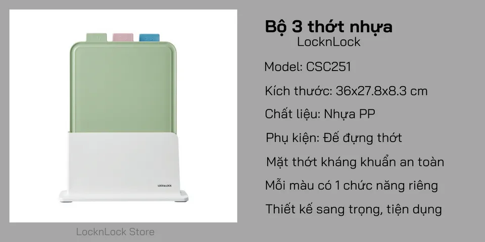 Bộ 3 Thớt Nhựa Kháng Khuẩn Có Giá Đỡ Lock&Lock CSC251 - Thớt Chế Biến Thực Phẩm An Toàn, Sang Trọng, Tiện Dụng Cho Bếp Nhà