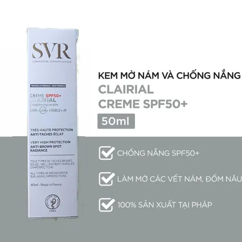 Kem Chống Nắng SVR Clairial Creme SPF50+ 40ml - Hỗ Trợ Mờ Vết Nám, Dưỡng Sáng Da, Bảo Vệ Chống Tia UV, Dành Cho Da Dầu, Hỗn Hợp