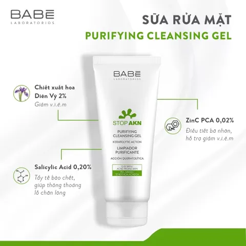 Sữa Rửa Mặt BaBe Stop AKN Purifying Cleansing Gel 200ml - Dành Cho Da Dầu Mụn, Làm Sạch và Ngăn Ngừa Mụn Tốt Nhất