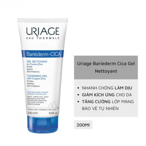 Gel Làm Sạch Da Uriage Bariederm Cica 200mL - Gel Nettoyant Dịu Nhẹ, Phù Hợp Cho Da Kích Ứng và Nhạy Cảm, Công Nghệ TLR2-Regul