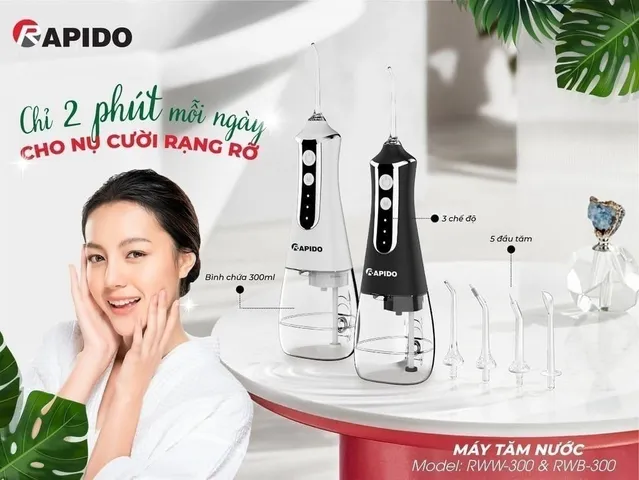 Máy tăm nước Rapido RWW 300 - Thiết kế hiện đại, 3 chế độ phun, công suất mạnh mẽ, chăm sóc răng miệng hiệu quả, thương hiệu Đức.