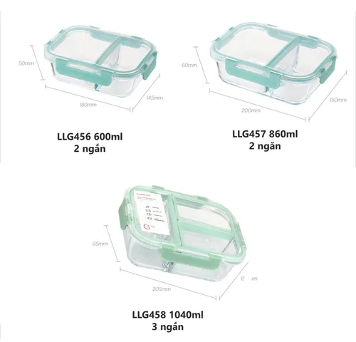 Hộp Thủy Tinh Chia Ngăn Lock&Lock 600ml, 860ml, 1040ml - Hộp Đựng Thức Ăn Chịu Nhiệt, Thiết Kế Đẹp Màu Mint, Sử Dụng Trong Lò Vi Sóng