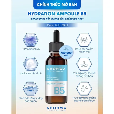 Tinh Chất Ahohwa Hydration Ampoule B5 30ml - Cấp Ẩm, Phục Hồi Da Khô, Thích Hợp Mọi Loại Da, Dưỡng Da Mịn Màng, Unisex