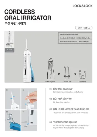 Máy Tăm Nước Không Dây Lock&Lock ENR156BLU 200ml - Thiết Kế USB, Dễ Dàng Sử Dụng, Chăm Sóc Răng Miệng Hiệu Quả