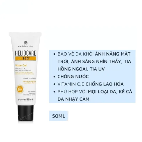 Kem Chống Nắng Heliocare 360 Water Gel SPF50+ 50ml - Bảo Vệ Da, Chống Nước, Dưỡng Ẩm, Thích Hợp Da Nhạy Cảm, Xuất Xứ Tây Ban Nha