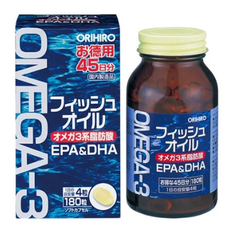 Viên uống dầu cá Omega-3 hỗ trợ tim mạch Orihiro 180 viên - Tăng cường trí nhớ, sức khỏe não bộ và mắt, bổ sung dinh dưỡng từ Nhật Bản