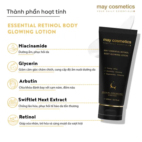 Sữa Dưỡng Da Trắng Sáng May Essential Retinol Glowing Lotion - Dưỡng Ẩm, Ngừa Lão Hóa, Phục Hồi Da Khỏe Mạnh