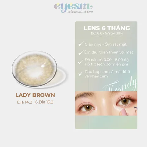 Kính Áp Tròng Eyesm Lady Brown Màu Nâu Tây - Lens Hàn Quốc Chống UV, Thích Hợp Độ Cận 0-8 Độ, Sử Dụng 720Giờ