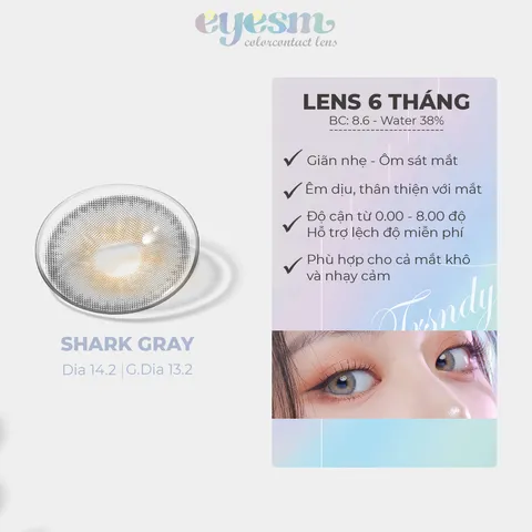 Kính Áp Tròng Eyesm Shark Gray - Lens Màu Xám Tây Cao Cấp Hàn Quốc, Hỗ Trợ Cận Thị 0-8 Độ, Bảo Vệ Mắt Chống UV