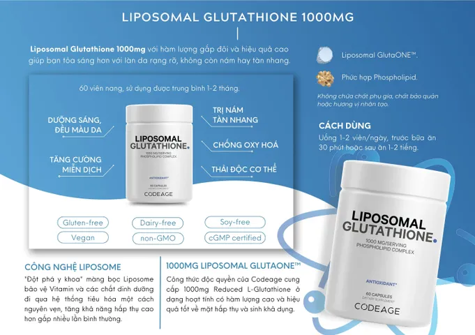 Viên uống trắng da Codeage 1000mg Liposomal Glutathione - Hỗ trợ làm sáng da, hộp 60 viên, không GMO, sản xuất tại Mỹ