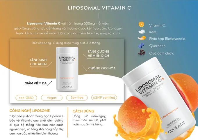 Viên Uống Bổ Sung Vitamin C Liposomal 500mg - Tăng Cường Miễn Dịch, Chống Oxy Hóa, 180 Viên - Thực Phẩm Chức Năng Codeage