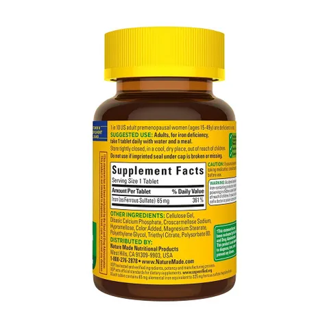 Viên Bổ Sung Sắt Nature Made Iron 65mg 365 Viên - Hỗ Trợ Phòng Ngừa Thiếu Sắt, Thiếu Máu, Tăng Cường Hệ Miễn Dịch, Chất Lượng Cao, Mỹ