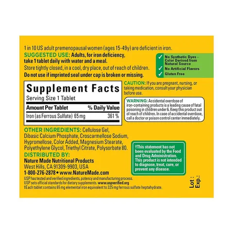 Viên Bổ Sung Sắt Nature Made Iron 65mg 365 Viên - Hỗ Trợ Phòng Ngừa Thiếu Sắt, Thiếu Máu, Tăng Cường Hệ Miễn Dịch, Chất Lượng Cao, Mỹ