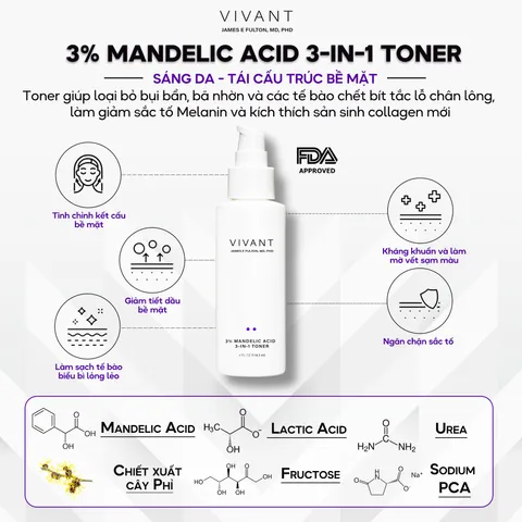 Toner Nước Hoa Hồng Vivant Skin Care 3% Mandelic Acid 3-In-1 (115ml) - Cân Bằng Độ pH, Kiểm Soát Dầu Nhờn, Làm Dịu Da