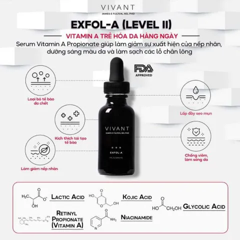Serum Vivant Exfol-A 30ml - Giảm Nếp Nhăn, Sẹo Mụn, Tăng Sắc Tố, Chống Oxy Hóa, Phù Hợp Với Da Thường và Da Dầu