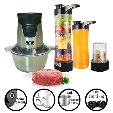 Máy Xay Đa Năng Viaicom V2A 4 Trong 1 - Máy Xay Sinh Tố, Thịt, Cua - Thiết Bị Tiện Lợi Cho Gia Đình, Công Suất 500W, 4 Cối INOX